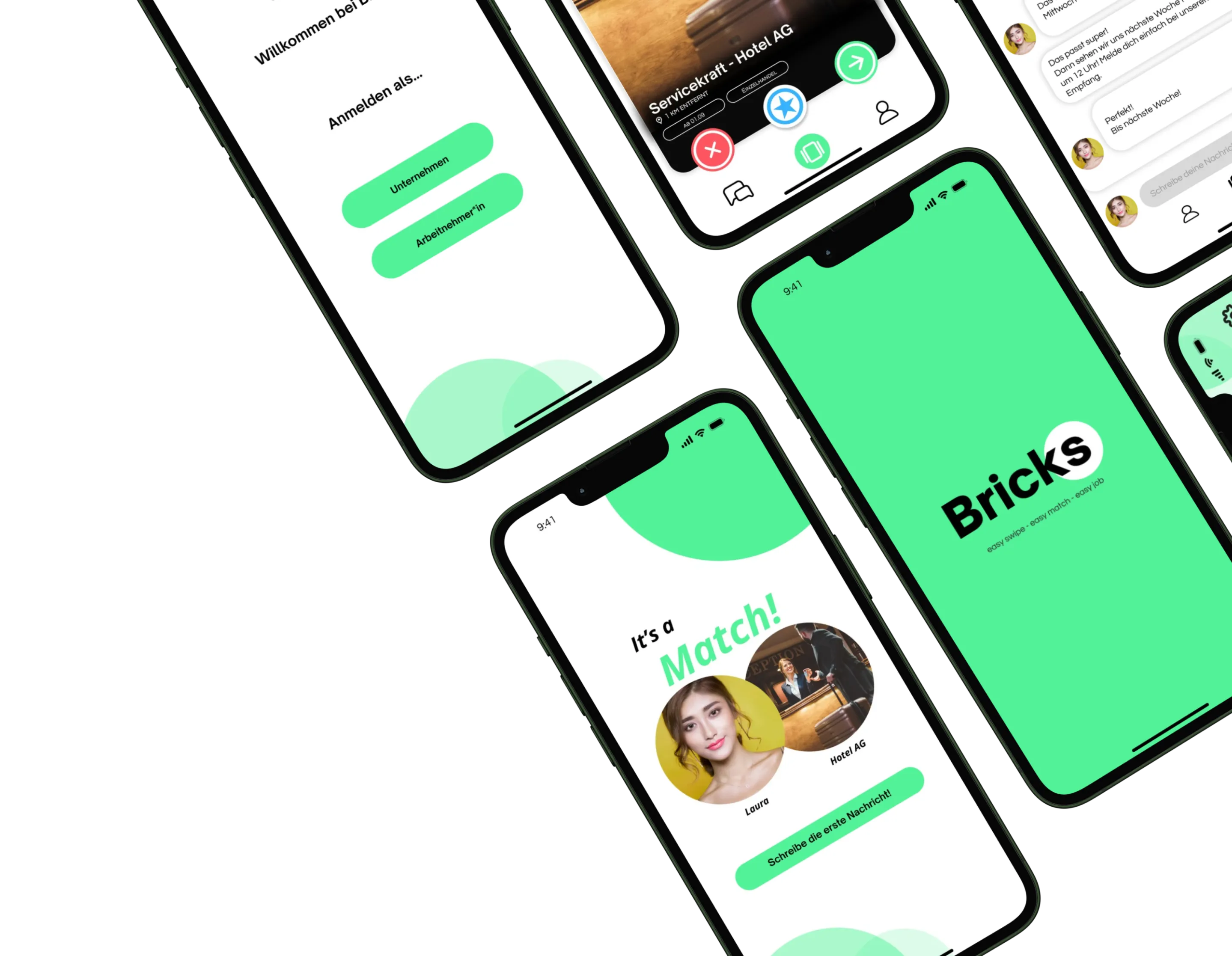 Screens der Bricksapp mit dem Job-Swipe-Interface für schnelle Jobmatches